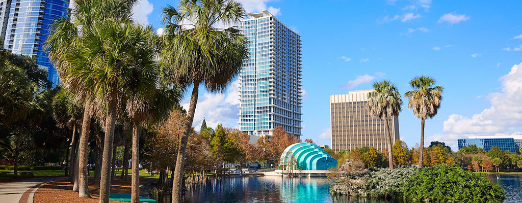 Cityscape of Orlando, FL, a city served by Trailways bus service and charter bus rentals