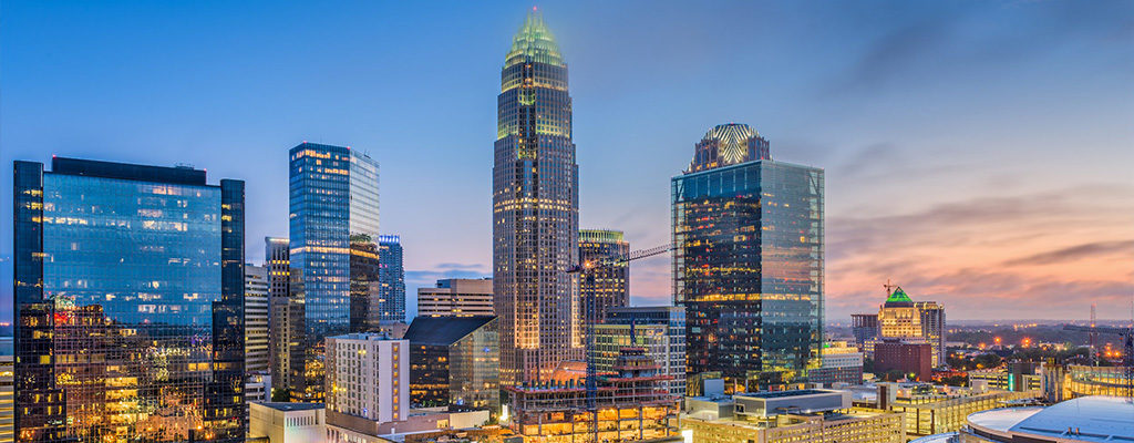 Skyline photo of Charlotte, NC, a city served by Trailways bus service