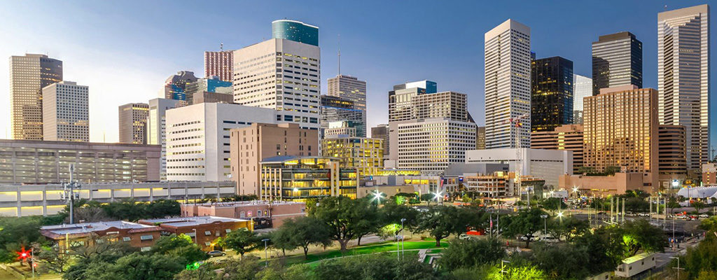Cityscape of Houston, Texas, a city served by Trailways charter bus rentals and bus service