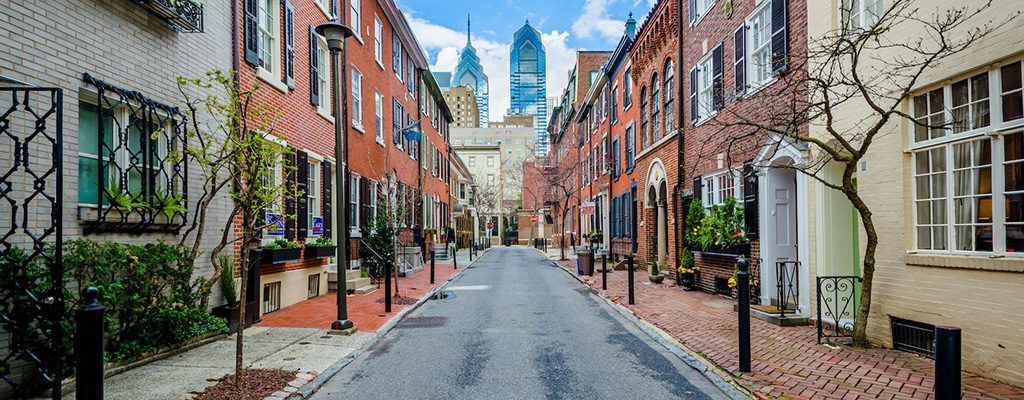 Historic street in Philadelphia, PA, a city served by Trailways bus service and charter bus rentals