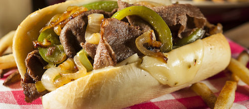 Cheesesteak sandwich, a specialty in Philadelphia, PA, a city served by Trailways bus service and charter bus rentals