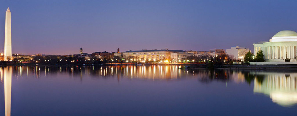 Nighttime cityscape of Washington, DC, a city served by Trailways charter bus rentals and bus service